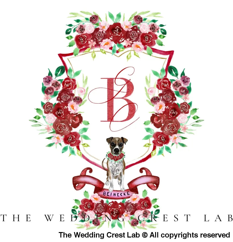 Custom wedding crest with watercolor flowers and pet or venue portrait