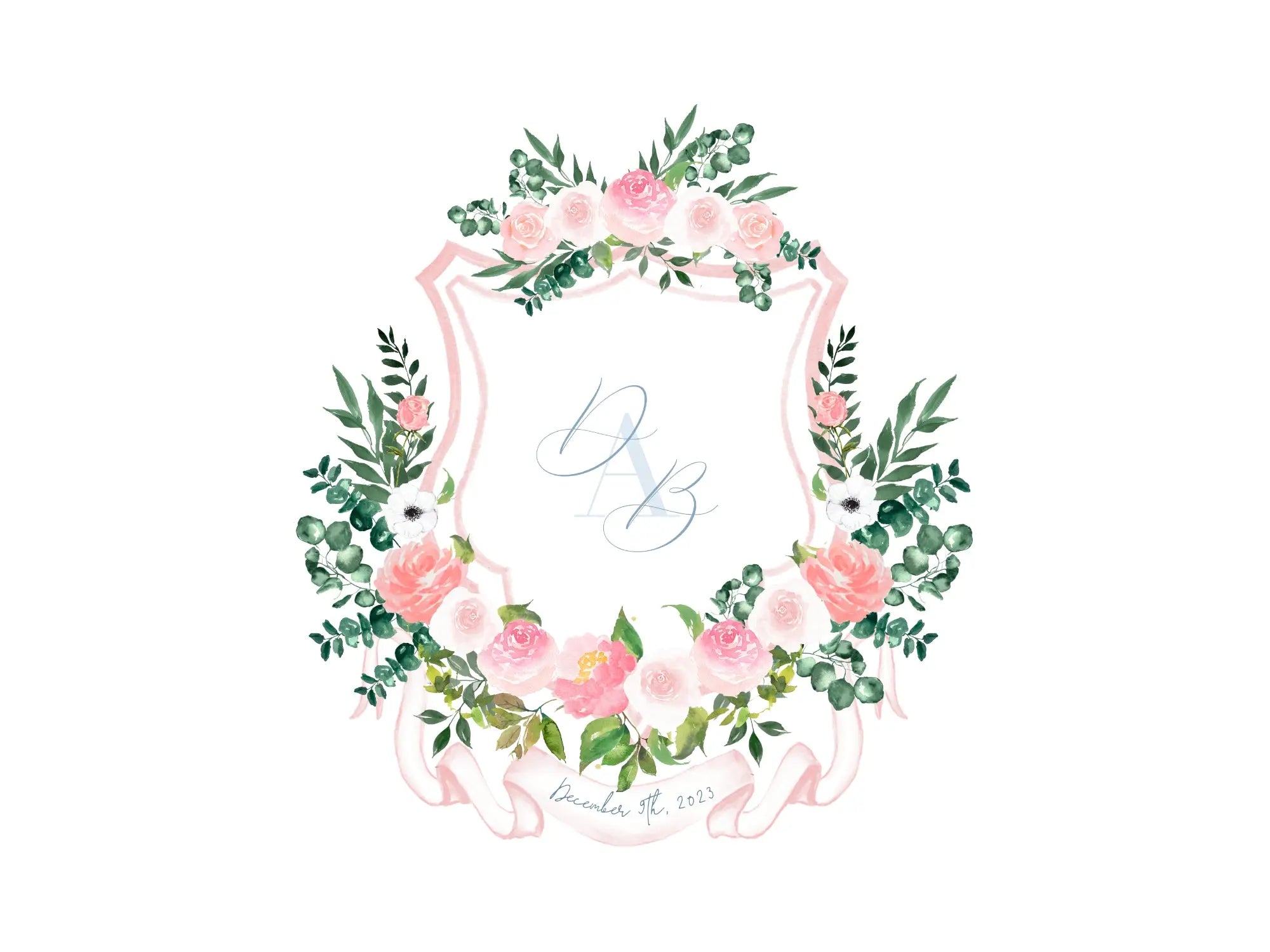 Pink Tulips and Ginger Jars Watercolor Wedding Crest