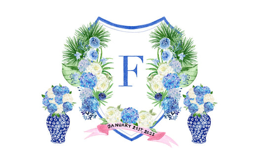 Custom wedding crest with hydrangeas and blue ginger jars