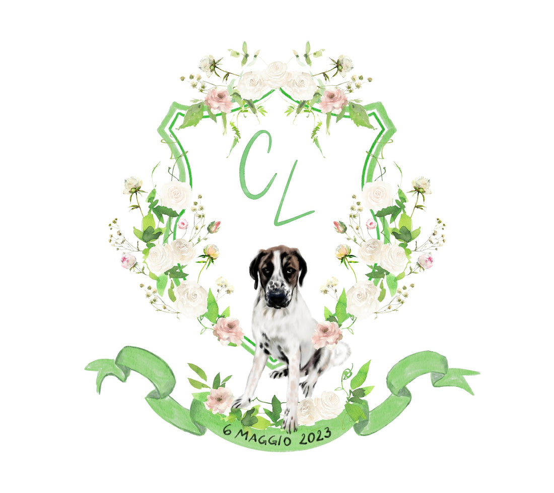 Custom green wedding crest with dog portrait