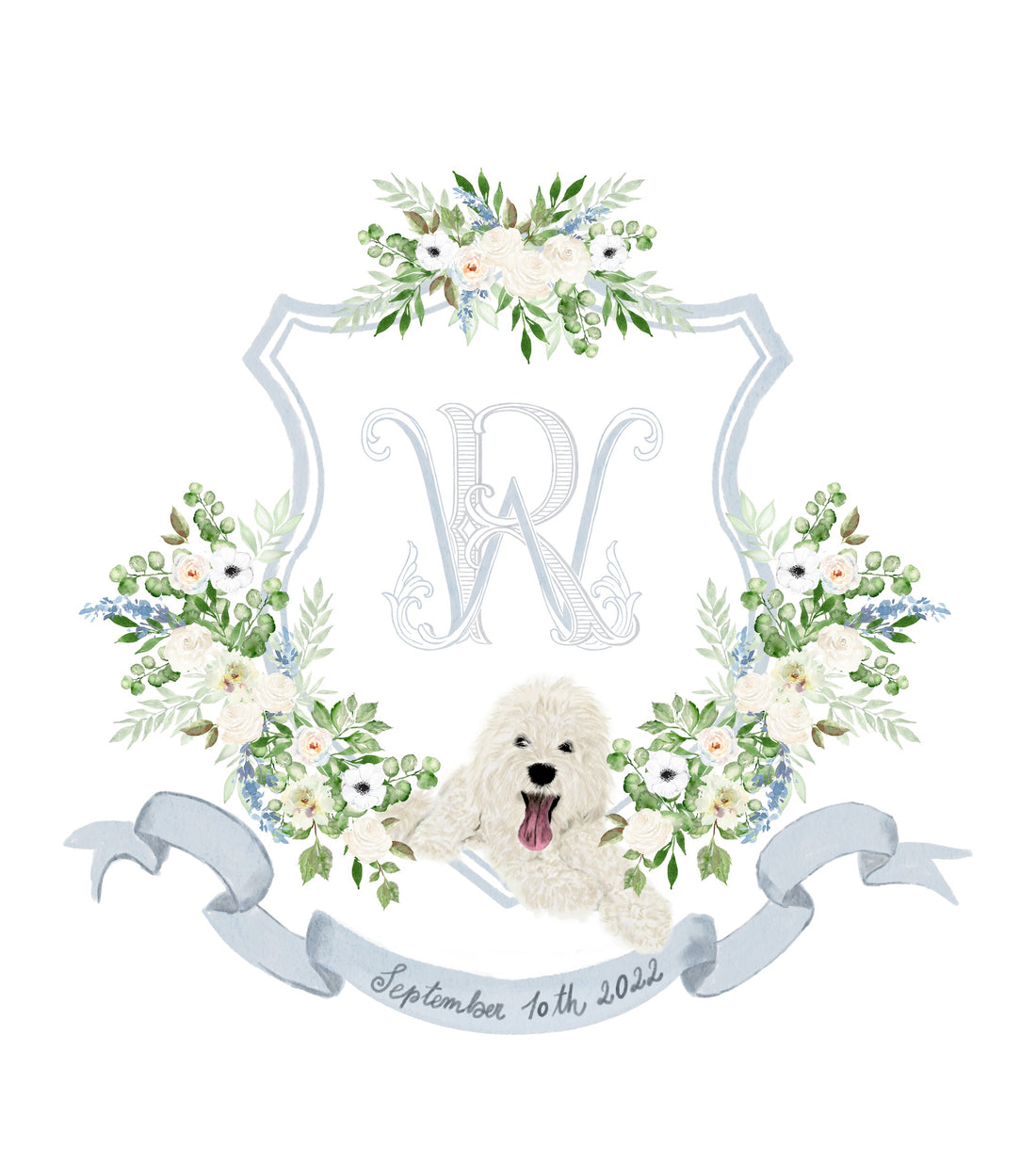 Custom wedding crest with white dog