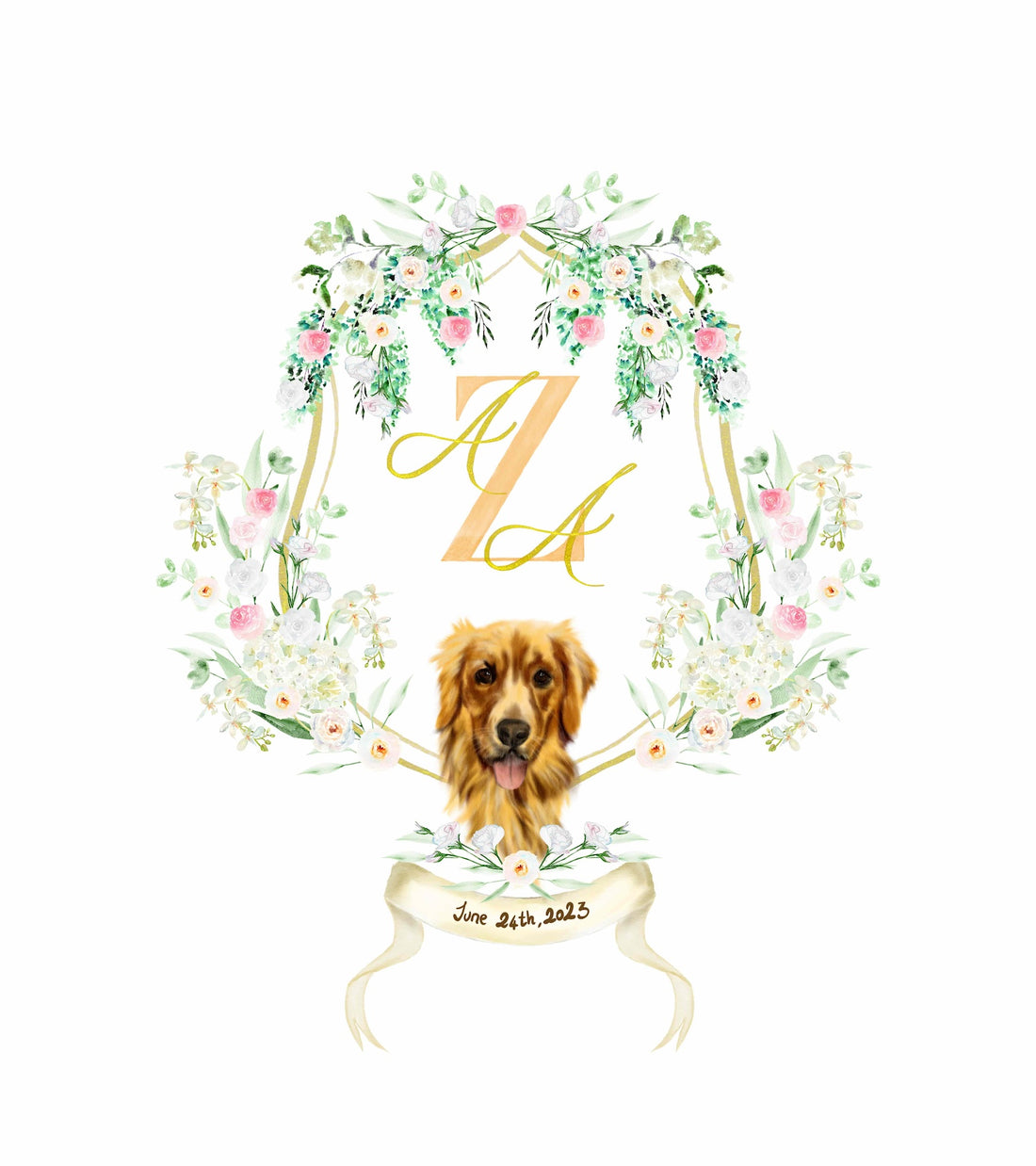 Custom wedding crest with golden retrievier portrait - June 24 2023