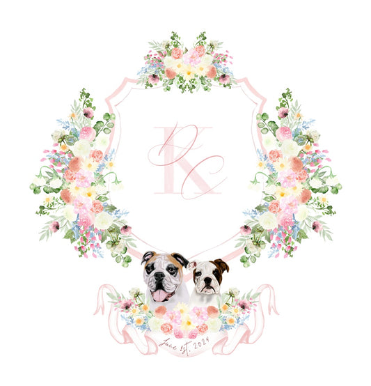 Custom wedding crest with bulldog portraits