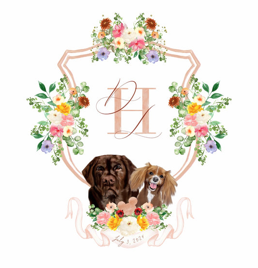 Custom wedding crest with dog portraits for Amalfi Wedding