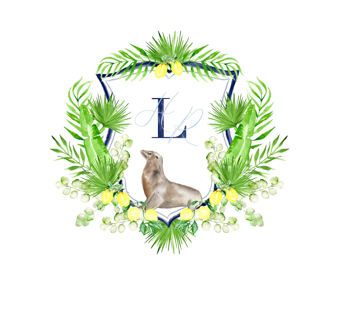 Custom wedding crest with lemons, palms and seal