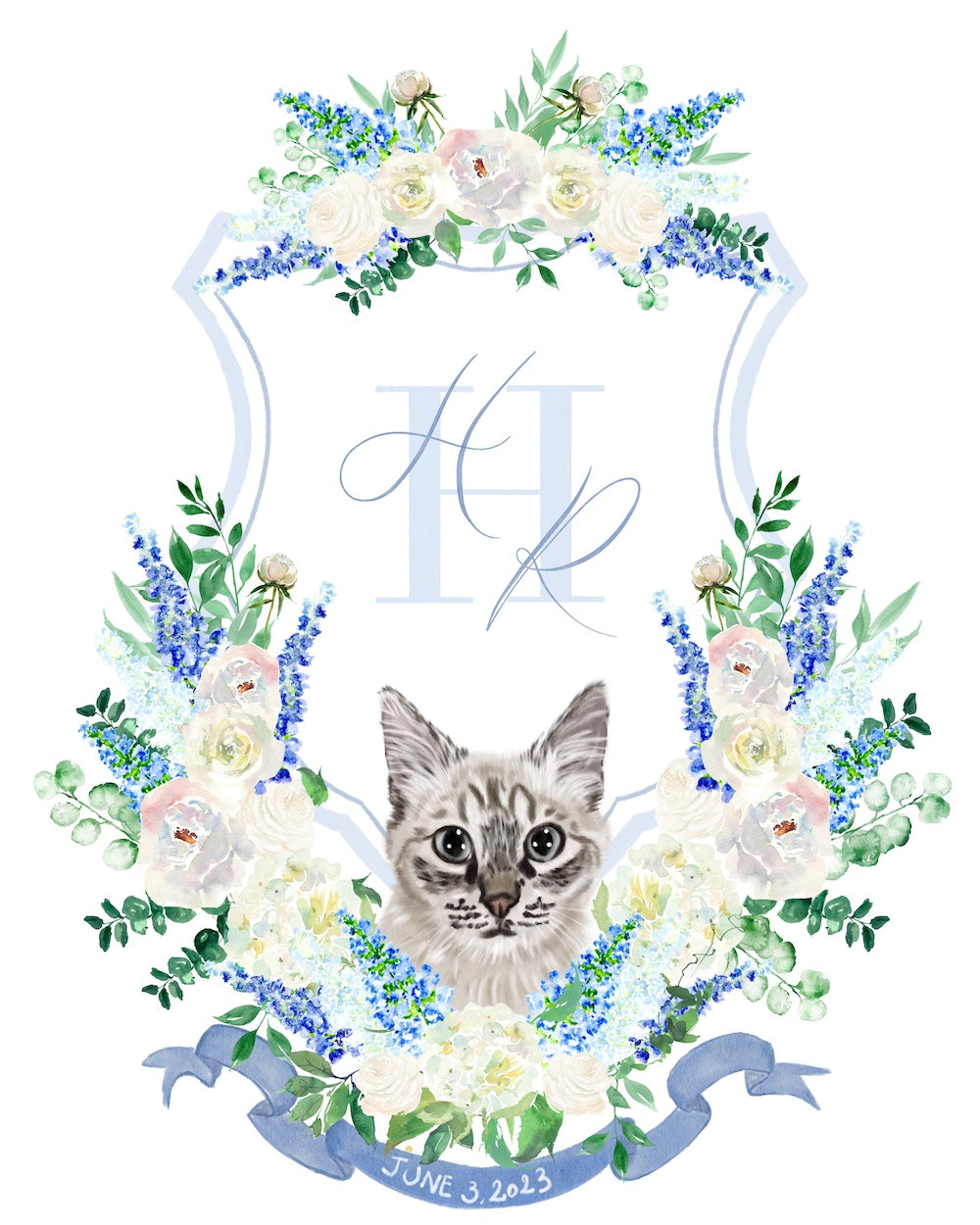 Custom wedding crest with cat portrait