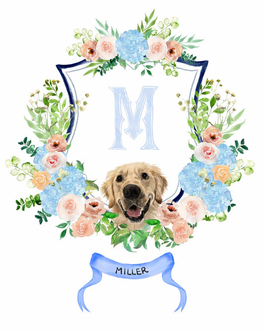 Custom wedding crest with golden retriever portrait