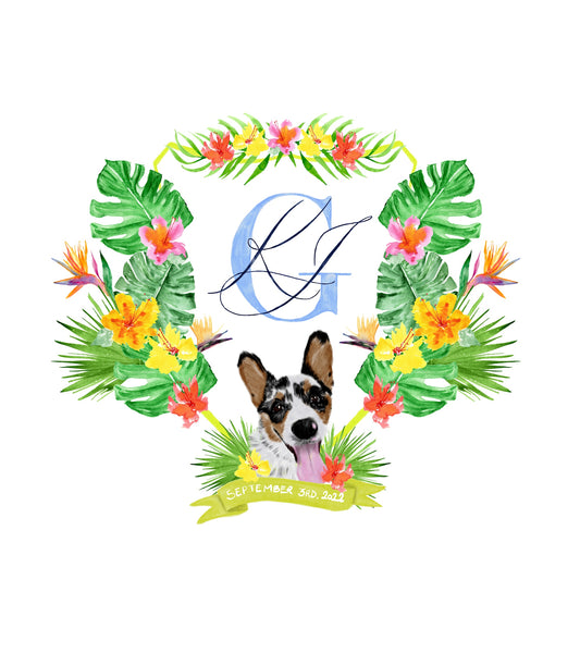 Custom wedding crest with corgi portrait September 3 2022