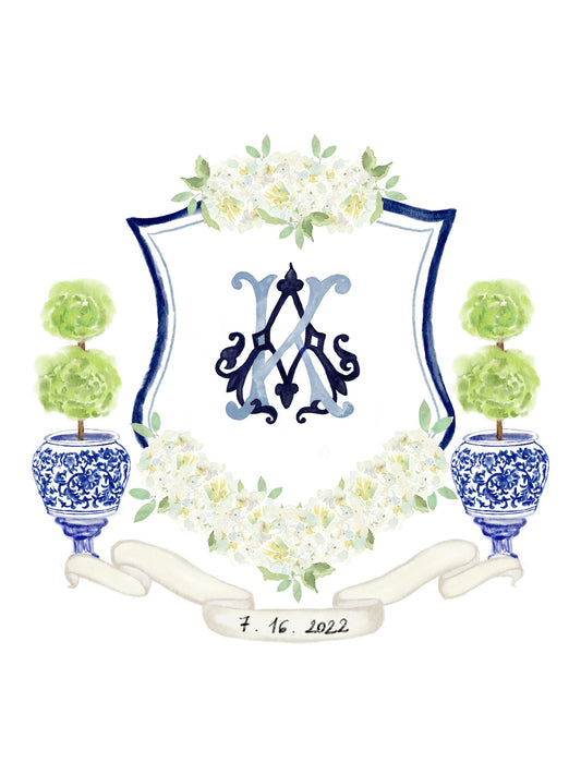 Custom wedding crest with hydrangeas