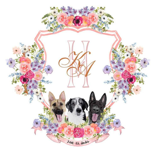 Custom wedding crest with dogs portraits