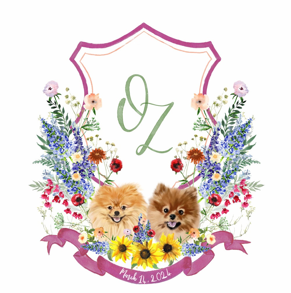 Custom wedding crest with pomeriana dog portraits