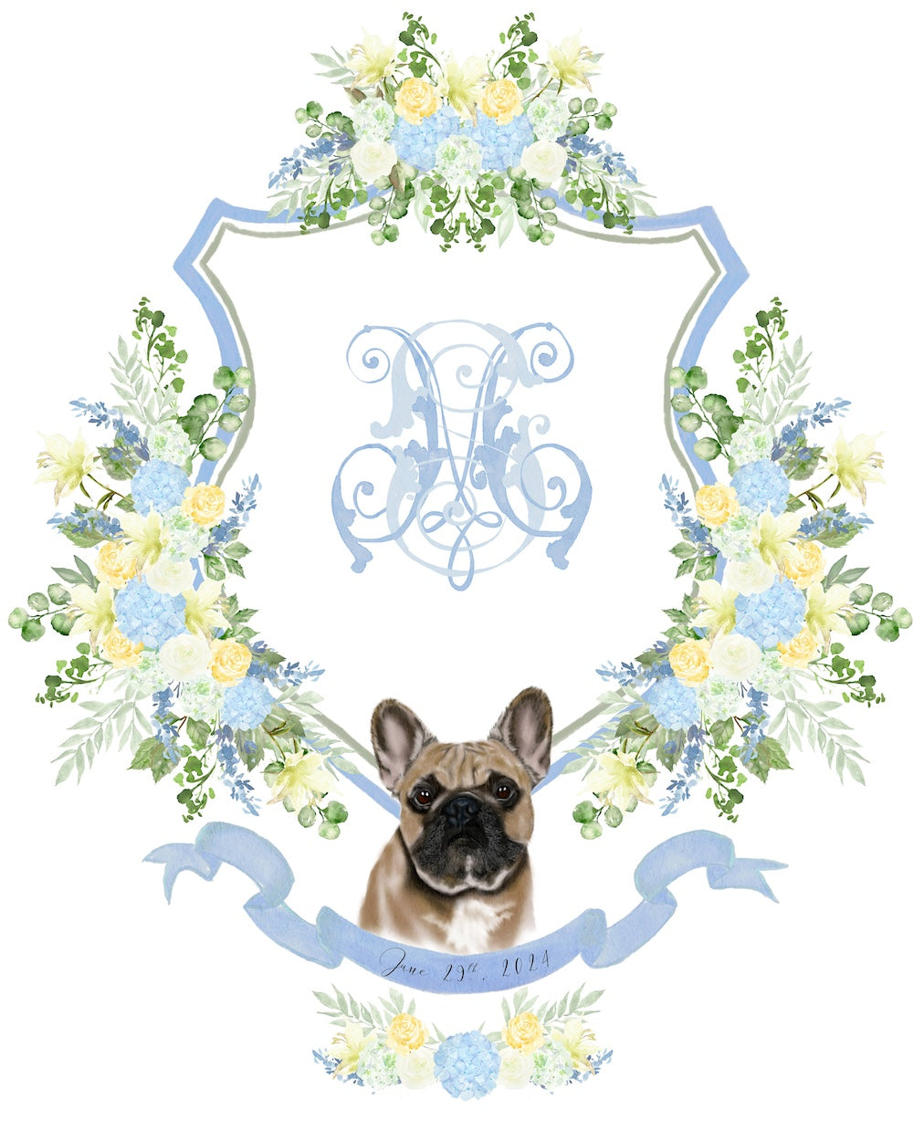 Custom wedding crest with french bulldog potrait