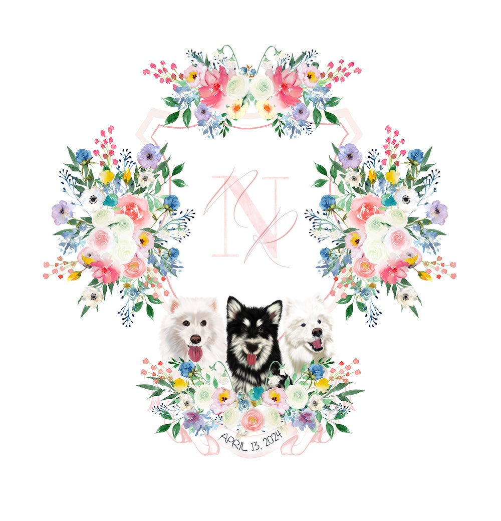 Custom wedding crest with dog portraits