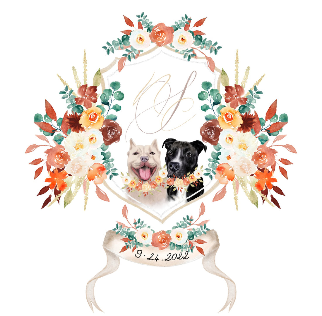 Custom wedding crest with dog portrait