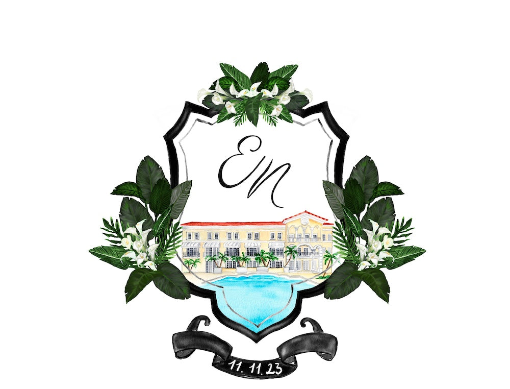 Custom wedding crest with venue portrait