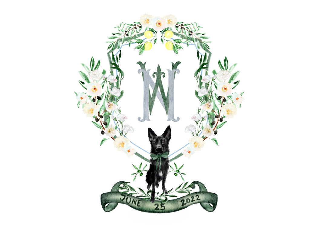 Custom wedding crest with lemons and olives and dog portrait