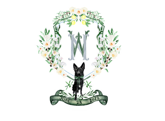 Custom wedding crest with lemons and olives and dog portrait