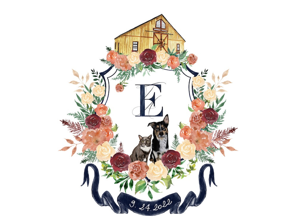 Custom wedding crest with dog portrait