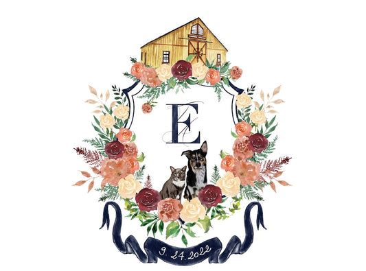 Custom wedding crest with dog portrait