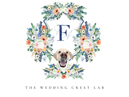 Custom wedding crest with watercolor flowers The Wedding Crest Lab