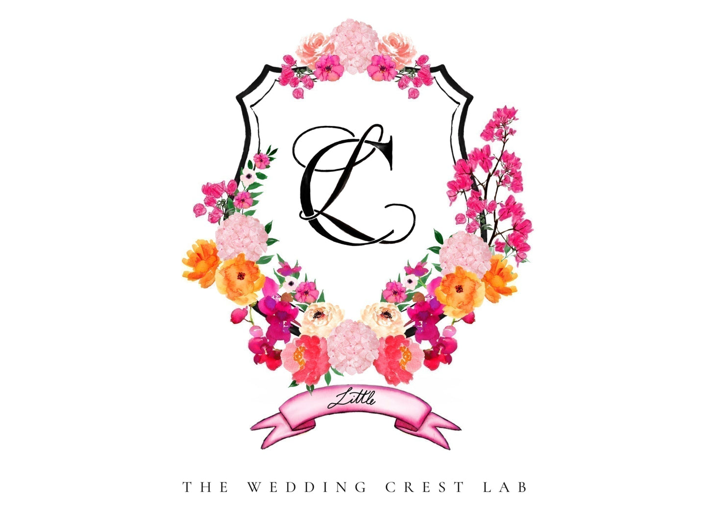 Custom wedding crest with watercolor flowers and pet or venue portrait The Wedding Crest Lab