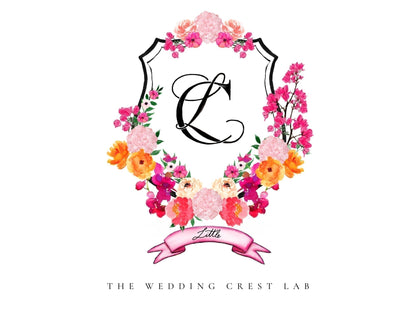 Custom wedding crest with watercolor flowers and pet or venue portrait The Wedding Crest Lab