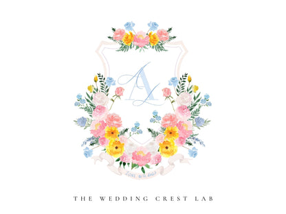 Custom wedding crest with watercolor flowers and pet or venue portrait The Wedding Crest Lab