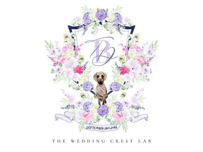 Custom wedding crest with watercolor flowers and pet or venue portrait The Wedding Crest Lab