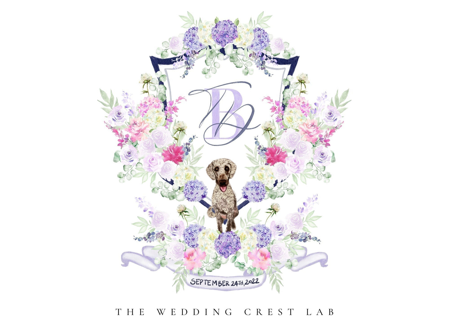 Custom wedding crest with watercolor flowers and pet or venue portrait The Wedding Crest Lab