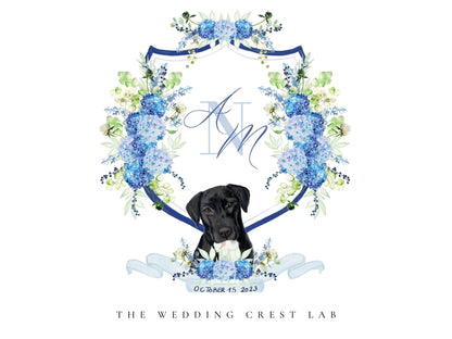 Custom wedding crest with watercolor flowers and pet or venue portrait The Wedding Crest Lab