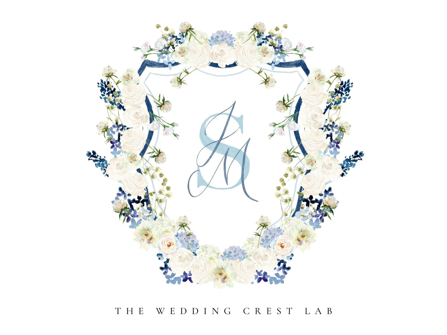 Custom wedding crest with watercolor flowers and pet or venue portrait The Wedding Crest Lab