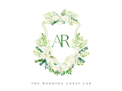 Custom wedding crest with watercolor flowers and pet or venue portrait The Wedding Crest Lab