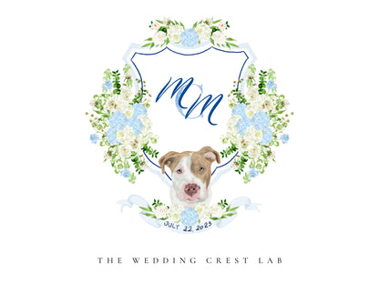 Custom wedding crest with watercolor flowers and pet or venue portrait The Wedding Crest Lab