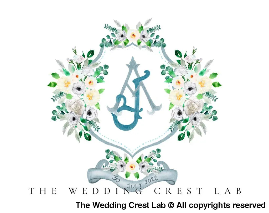 Custom wedding crest with watercolor flowers and pet or venue portrait - The Wedding Crest Lab