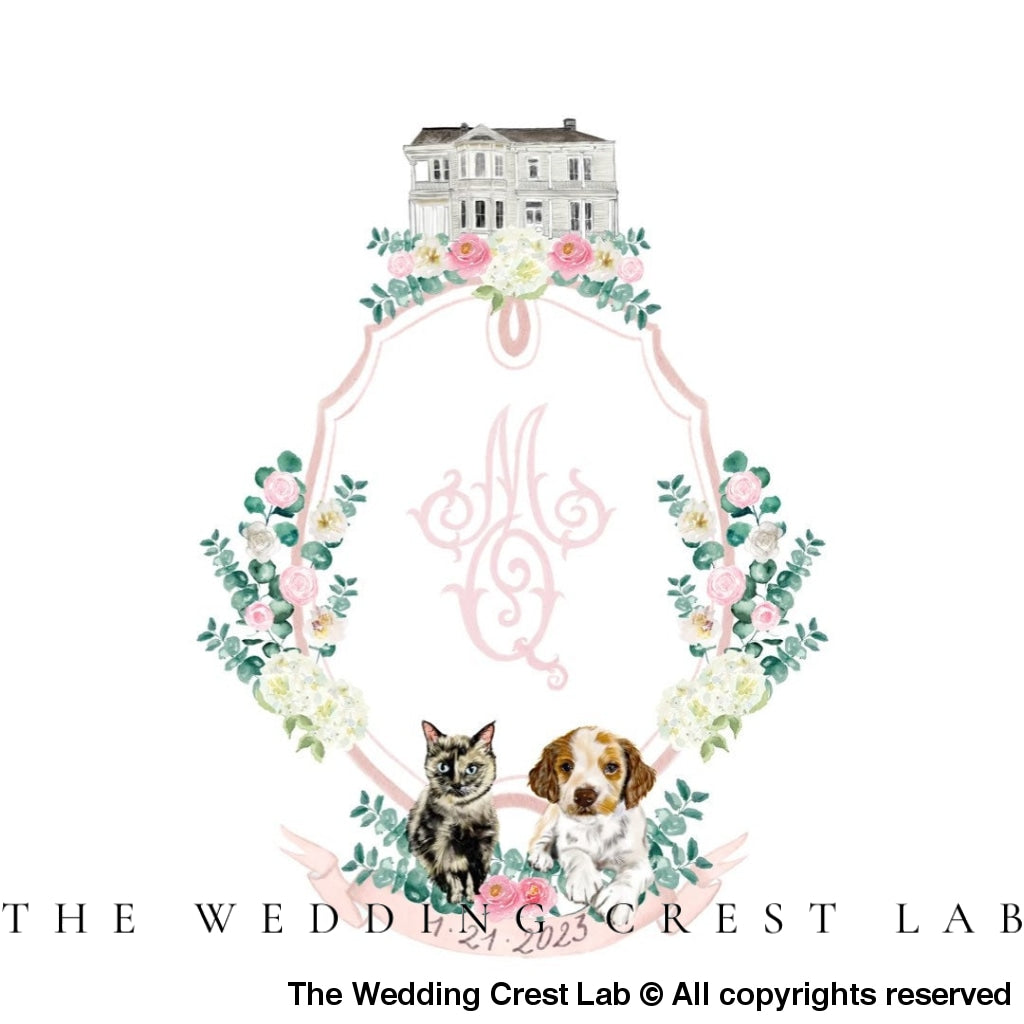 Custom wedding crest with watercolor flowers - The Wedding Crest Lab