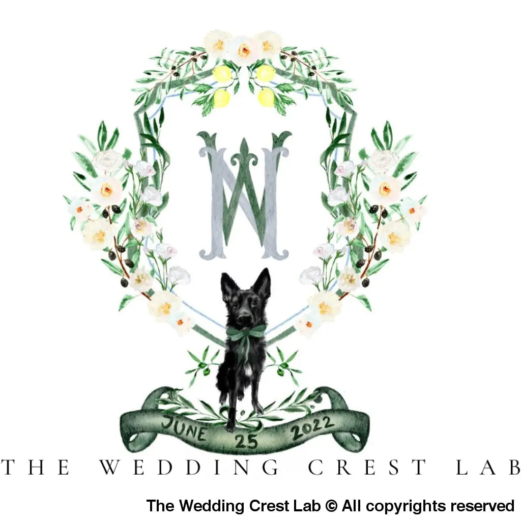 Custom wedding crest with watercolor flowers and pet or venue portrait