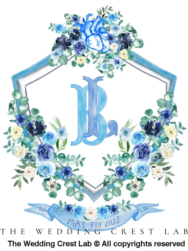 custom wedding crest with blue heart