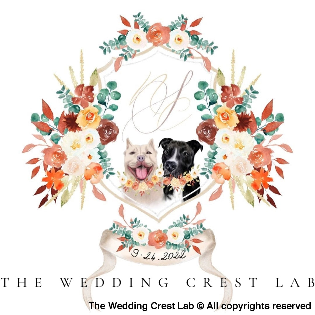 Custom wedding crest with watercolor flowers - The Wedding Crest Lab