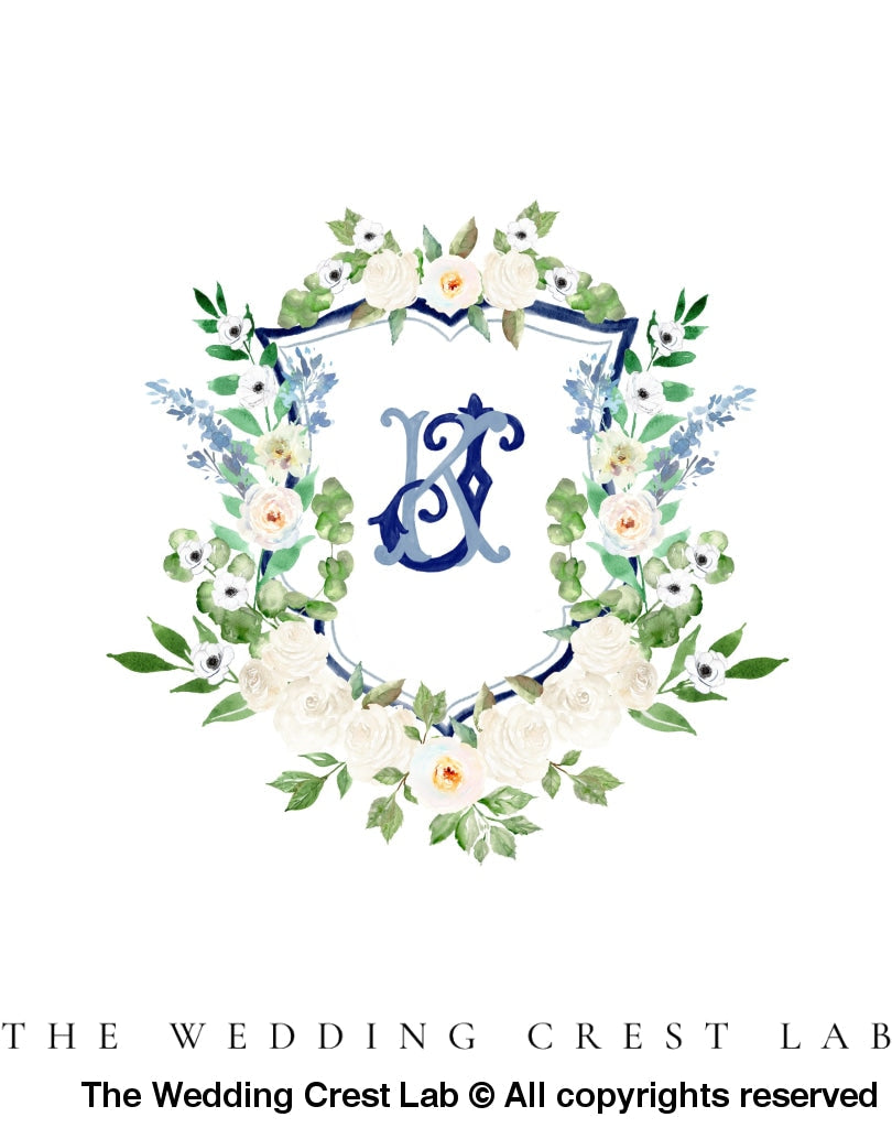 Custom wedding crest with watercolor flowers - The Wedding Crest Lab