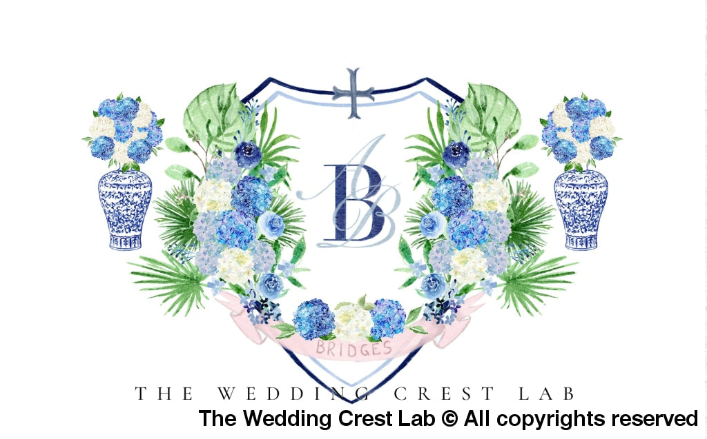 Ginger Jar Hydrangeas Monogram Wedding Crest