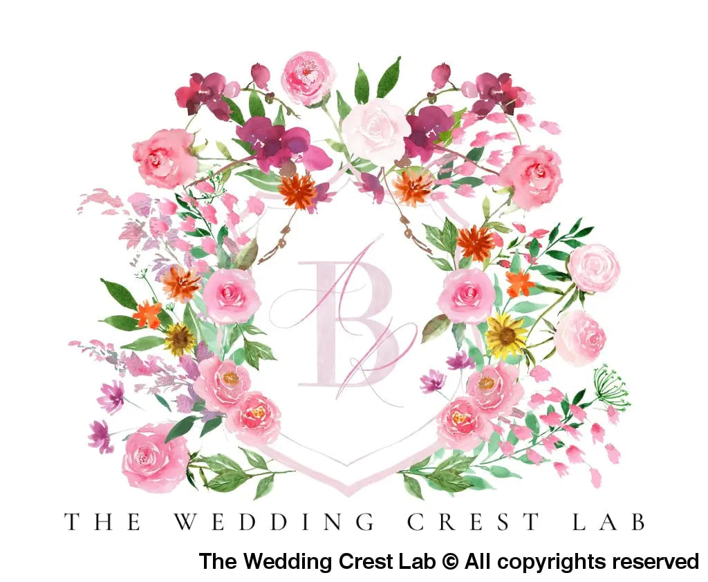 pink roses wedding crest