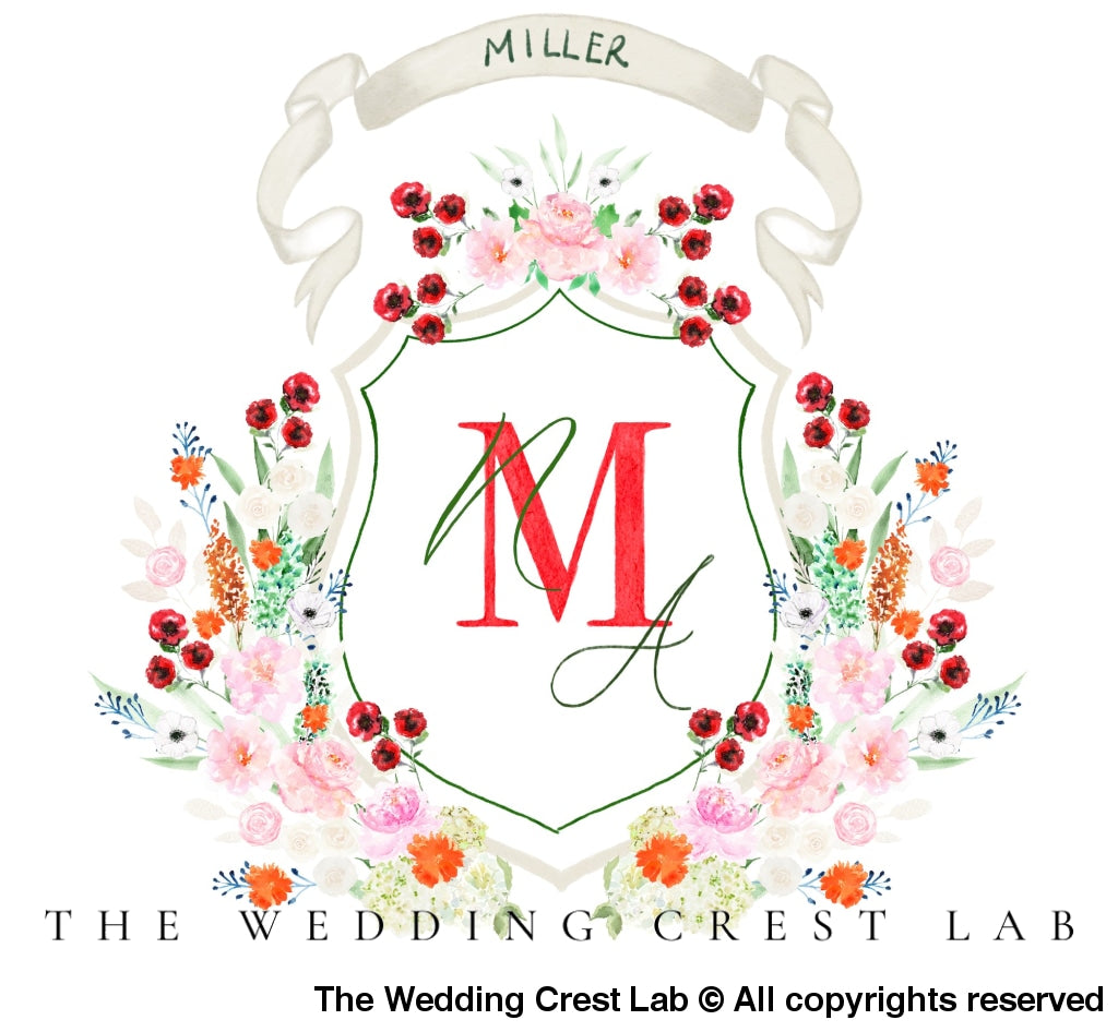 Custom wedding crest with watercolor flowers - The Wedding Crest Lab