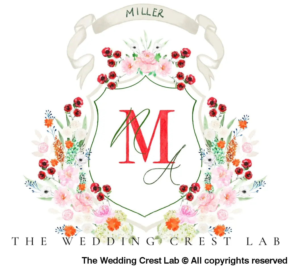 Custom wedding crest with watercolor flowers and pet or venue portrait