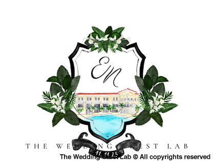 custom wedding crest with venue portraits