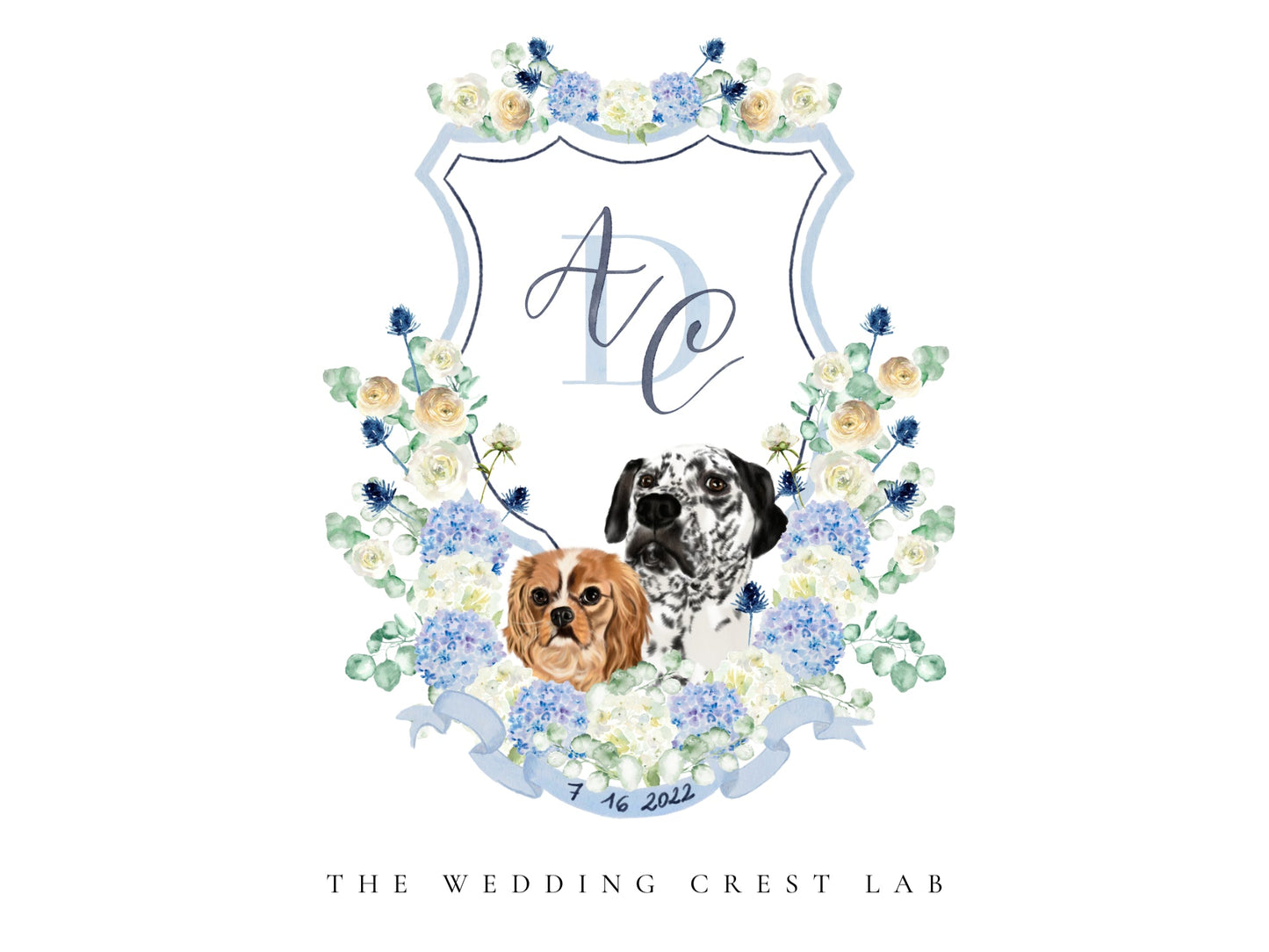 Custom wedding crest with watercolor flowers and pet or venue portrait The Wedding Crest Lab