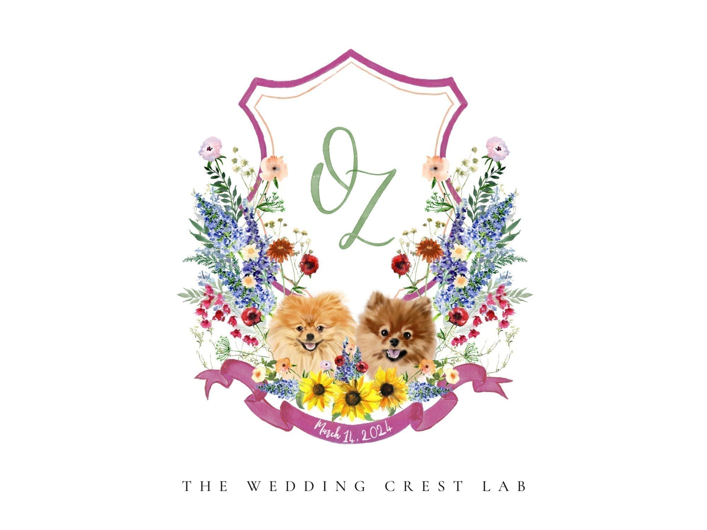 Custom wedding crest with watercolor flowers and pet or venue portrait The Wedding Crest Lab