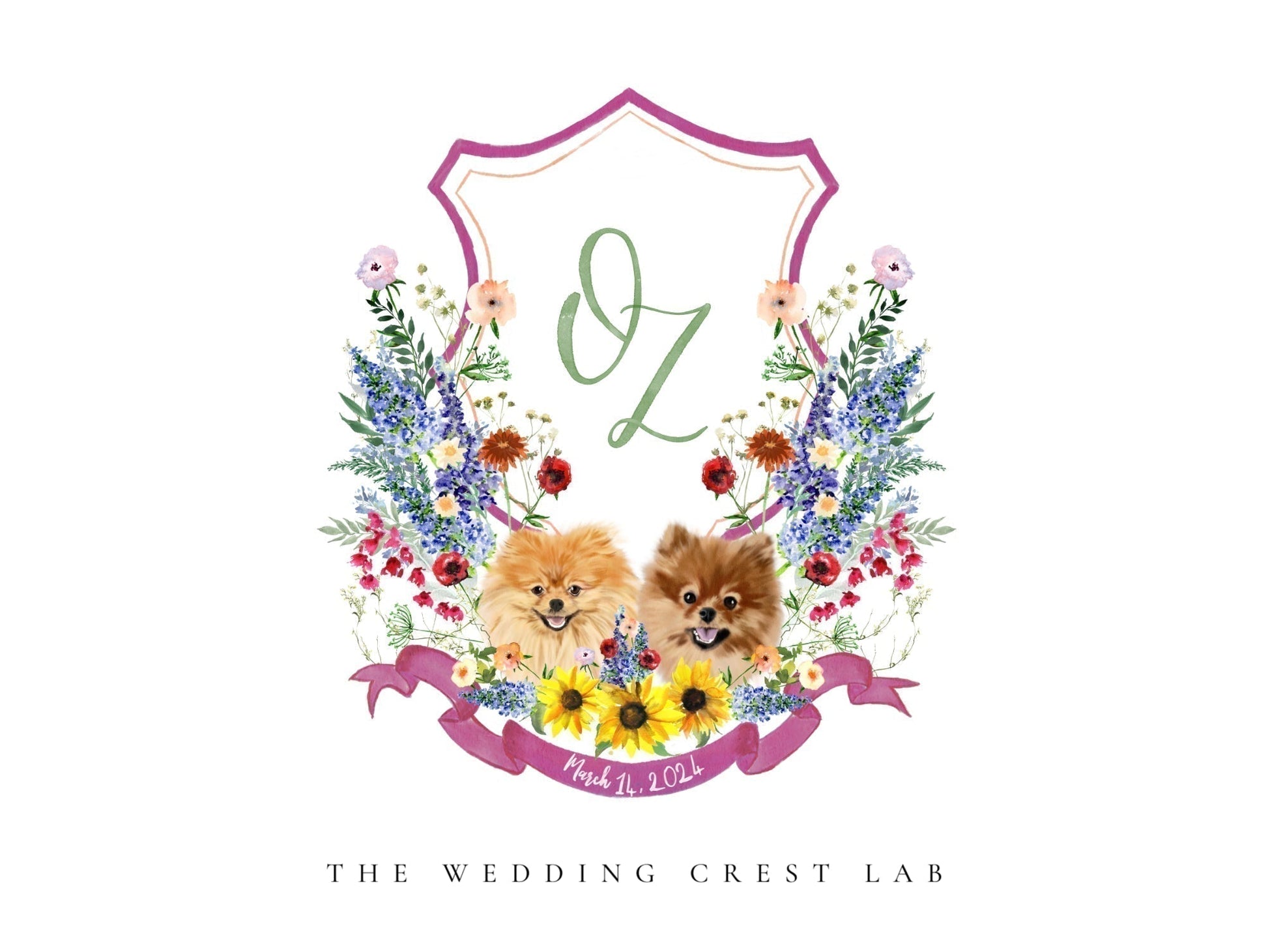 Custom wedding crest with watercolor flowers and pet or venue portrait The Wedding Crest Lab