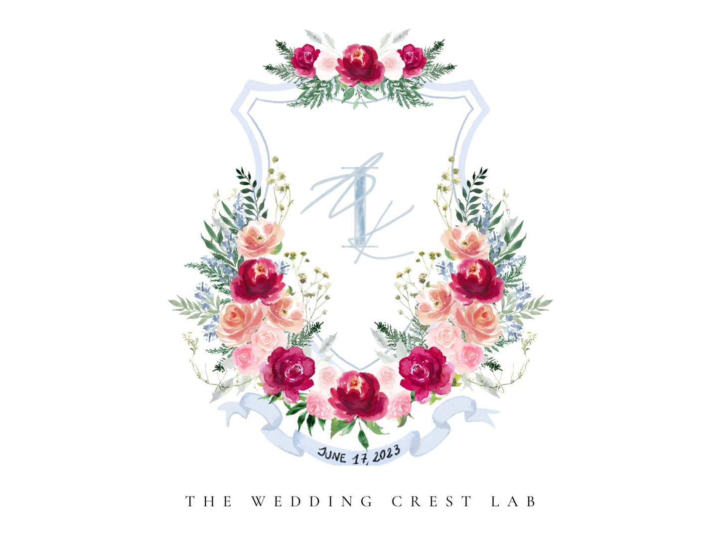 Custom wedding crest with watercolor flowers and pet or venue portrait The Wedding Crest Lab