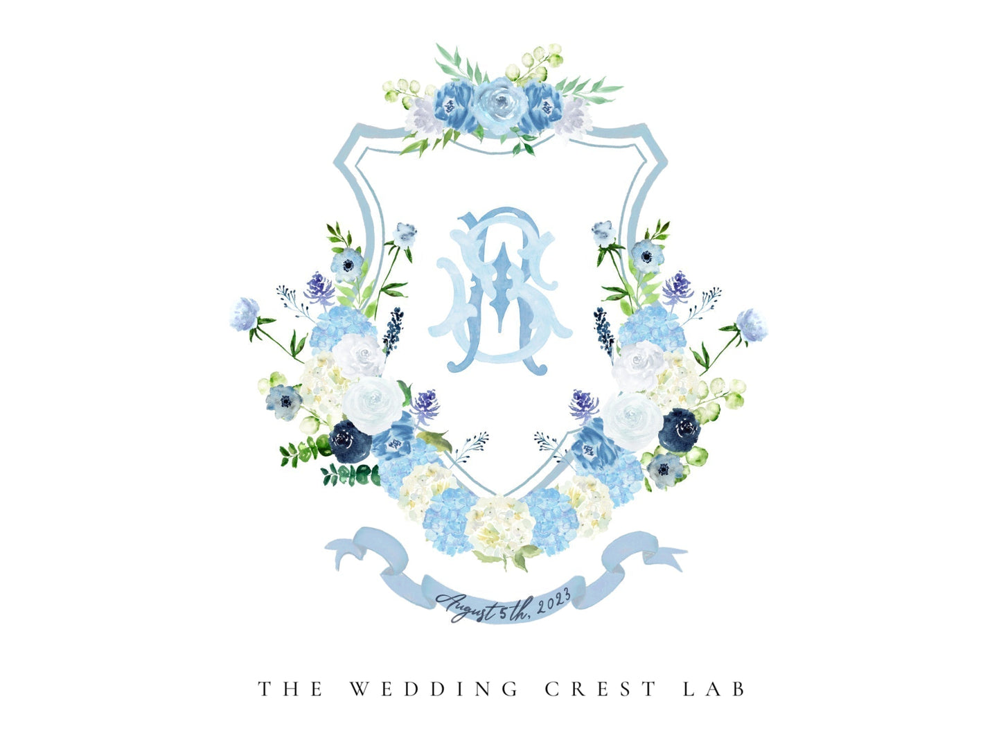 Custom wedding crest with watercolor flowers and pet or venue portrait The Wedding Crest Lab