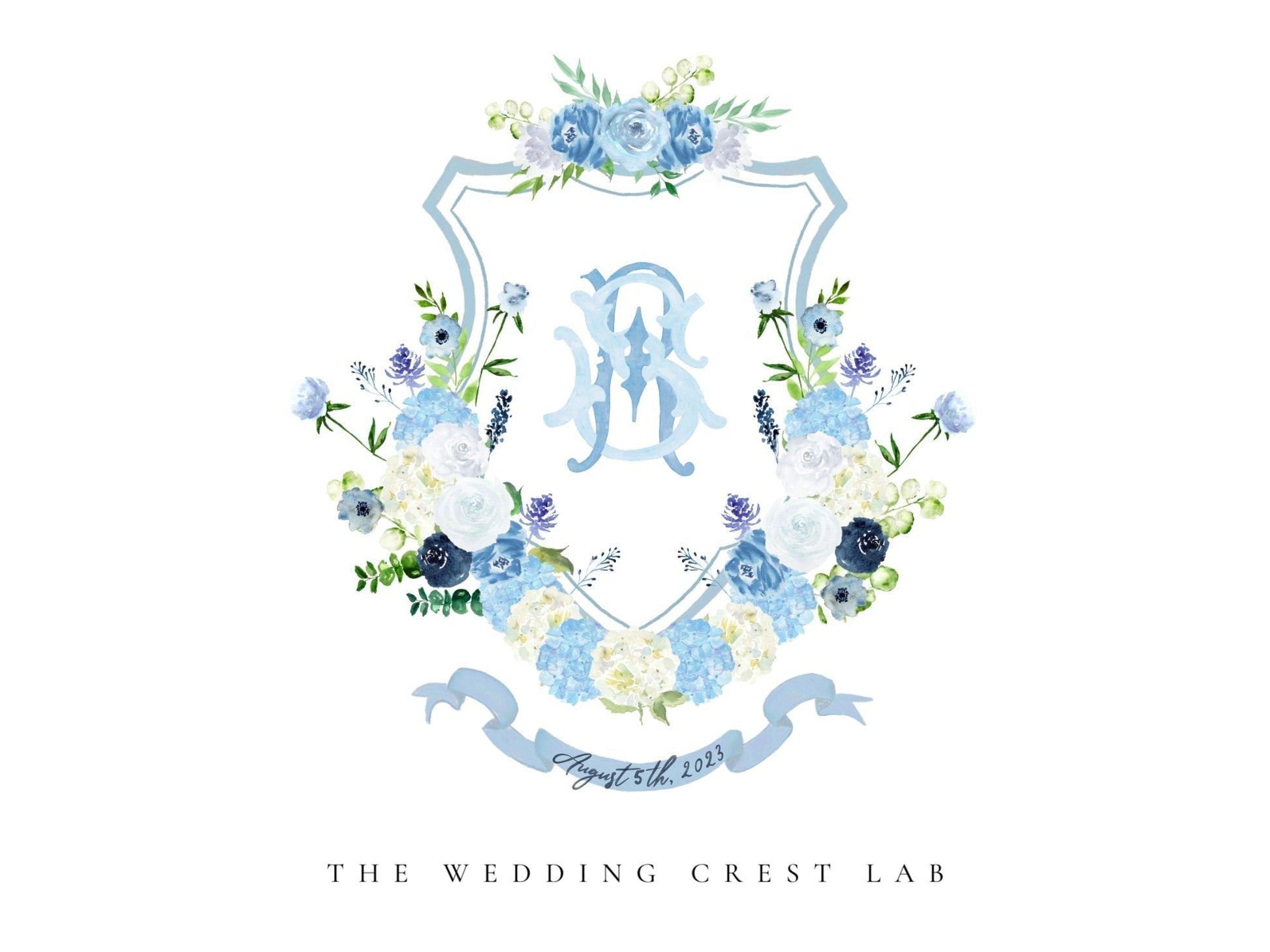 Custom wedding crest with watercolor flowers and pet or venue portrait The Wedding Crest Lab